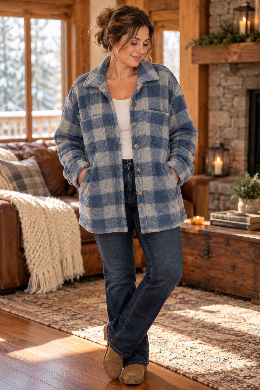 Oversized Blue Gray Plaid Fuzzy Shacket Jacket Cozy Cabin Core Layering Large